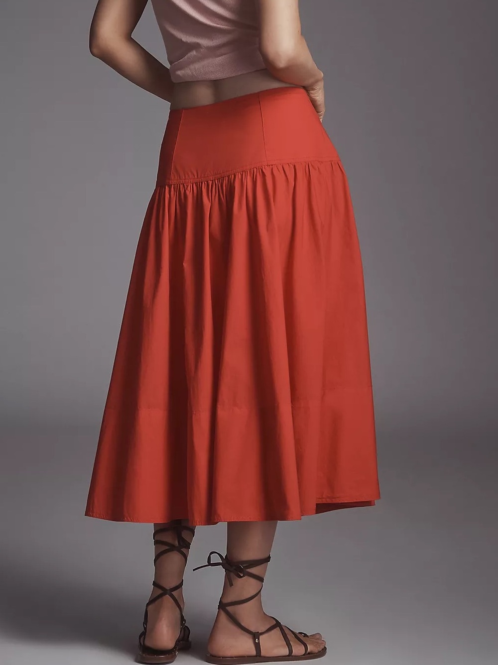 Anthropologie Maeve Red Cotton Drop Waist Wrap Midi Skirt Size 10 Retro Fall - Picture 2 of 7
